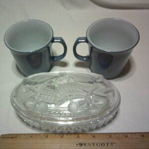 VTG GLASS MIKASA STUDIO CANDY TRINKET DISH w/ LID & 2 PYREX BLUE COFFEE CUPS 🔥